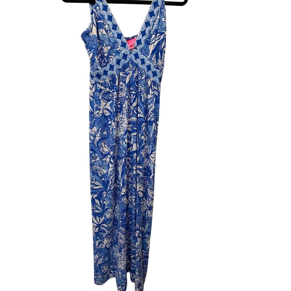 Lilly Pulitzer Blue White Summer Print Maxi Dress Sleeveless Long zipper Flowy
